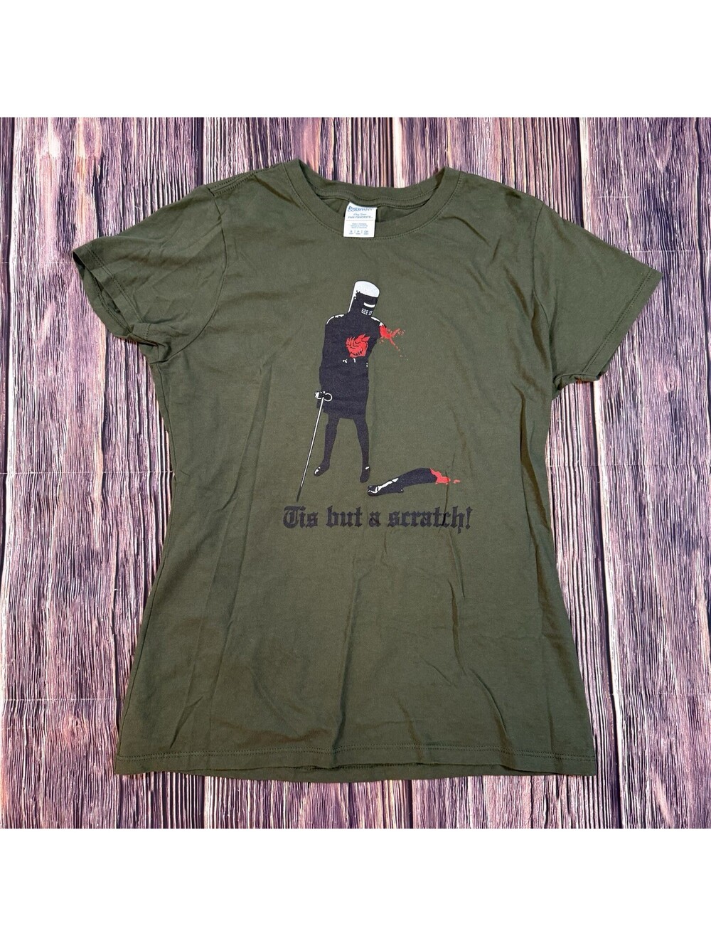 Monty Python Tis But A Scratch Black Knight Olive Green T-Shirt Women Small